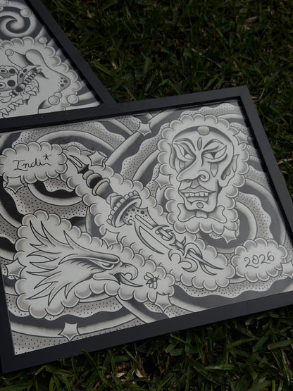 Close view of Indi Giblin tattoo flash with an eagle head, ornate dagger, mask and black and grey shading.