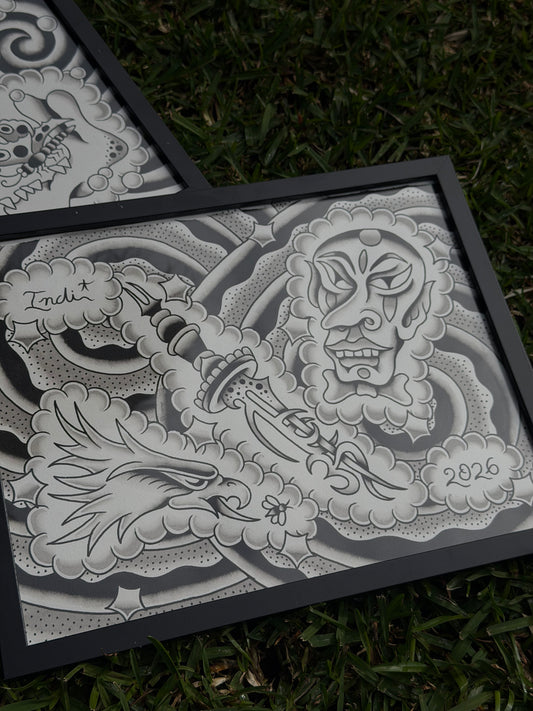 Close view of Indi Giblin tattoo flash with an eagle head, ornate dagger, mask and black and grey shading.