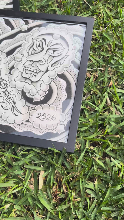 Video showing two black-framed black and grey tattoo flash sheets by Indi Giblin.